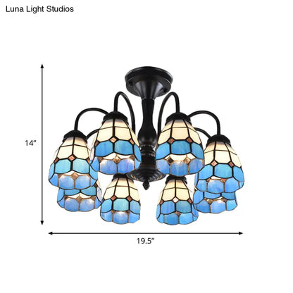 DecorBites™ DecorBites™ Baroque Blue Glass Ceiling Light Fixture - Domed Cut Semi Mount, 6/8 Lights, Stylish Design