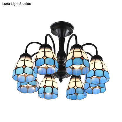 DecorBites™ DecorBites™ Baroque Blue Glass Ceiling Light Fixture - Domed Cut Semi Mount, 6/8 Lights, Stylish Design