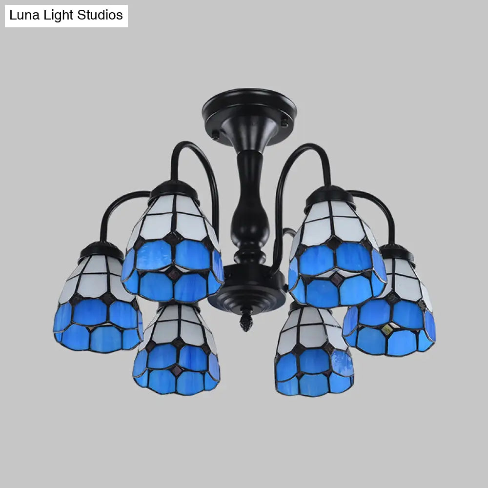DecorBites™ DecorBites™ Baroque Blue Glass Ceiling Light Fixture - Domed Cut Semi Mount, 6/8 Lights, Stylish Design