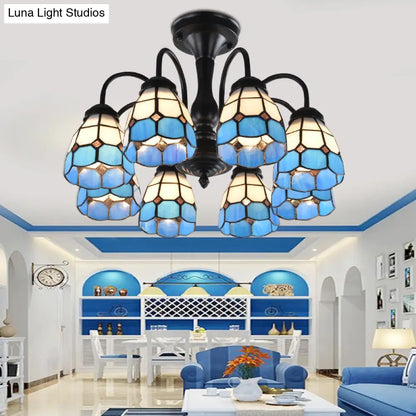 DecorBites™ DecorBites™ Baroque Blue Glass Ceiling Light Fixture - Domed Cut Semi Mount, 6/8 Lights, Stylish Design