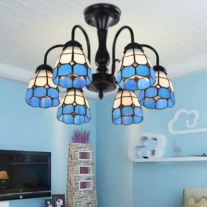 DecorBites™ DecorBites™ Baroque Blue Glass Ceiling Light Fixture - Domed Cut Semi Mount, 6/8 Lights, Stylish Design
