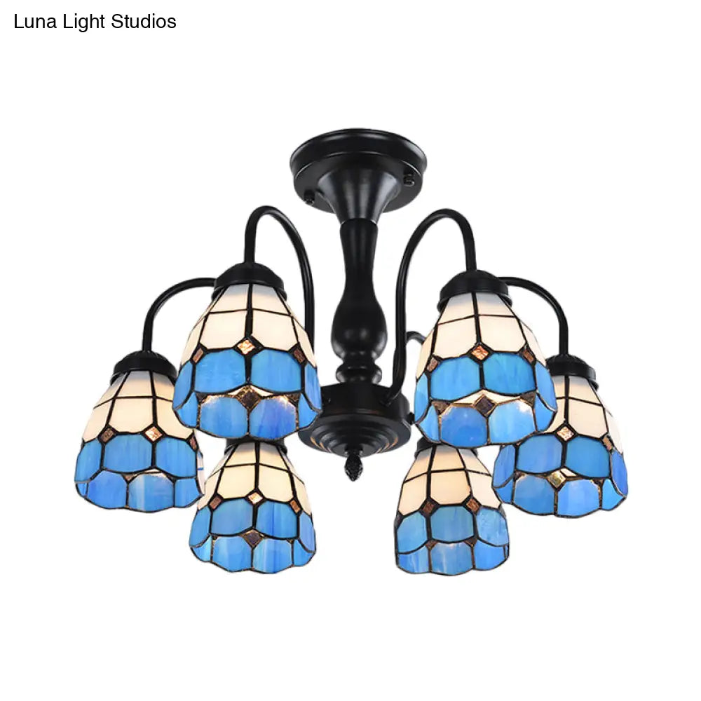 DecorBites™ DecorBites™ Baroque Blue Glass Ceiling Light Fixture - Domed Cut Semi Mount, 6/8 Lights, Stylish Design