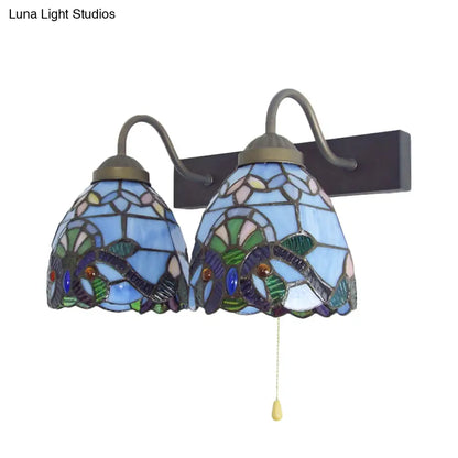 Aplique de pared barroco de cristal azul con interruptor de cadena - Lámpara de pared de 2 luces