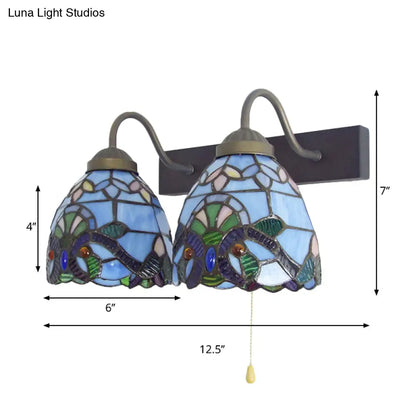 Aplique de pared barroco de cristal azul con interruptor de cadena - Lámpara de pared de 2 luces