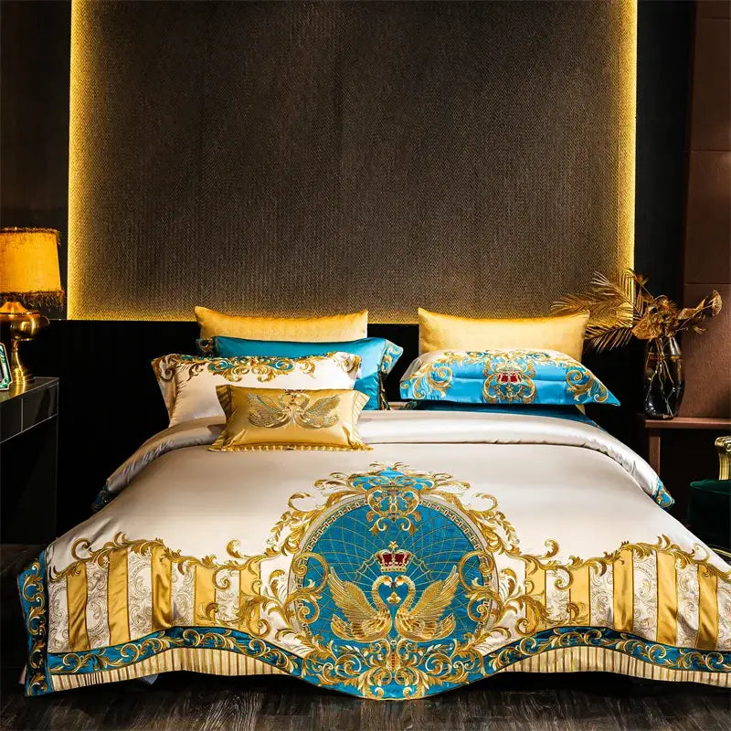 Luxurious baroque blue and gold embroidered cotton bedding set with satin finish featuring swans and intricate patterns