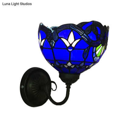 وحدة إضاءة جدارية على شكل وعاء باروكي - مصباح حائط زجاجي أصفر/أزرق بنقشة زهور