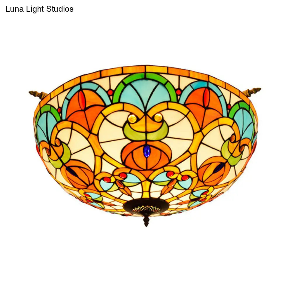 Baroque Brass Jewel Ceiling Lamp - 5 Multicolored Stained Glass Bulbs (21.5"/25.5") - Semi Flush Mount Lighting