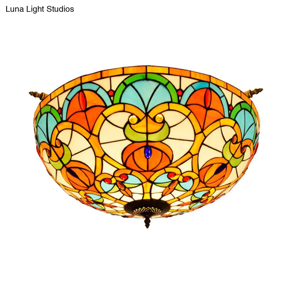 Baroque Brass Jewel Ceiling Lamp - 5 Multicolored Stained Glass Bulbs (21.5"/25.5") - Semi Flush Mount Lighting