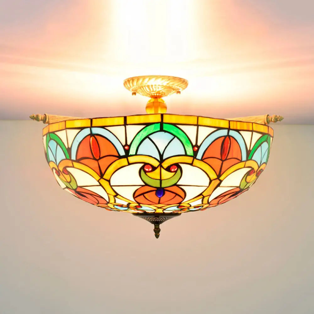 Baroque Brass Jewel Ceiling Lamp - 5 Multicolored Stained Glass Bulbs (21.5"/25.5") - Semi Flush Mount Lighting