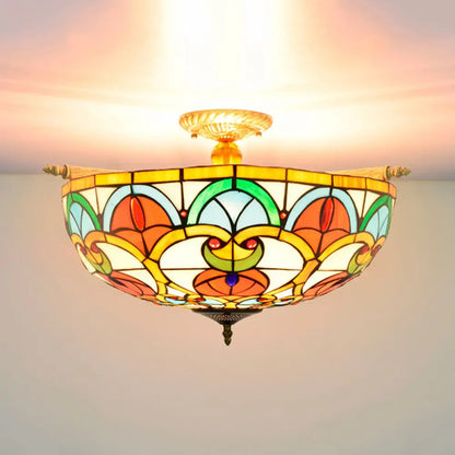 Baroque Brass Jewel Ceiling Lamp - 5 Multicolored Stained Glass Bulbs (21.5"/25.5") - Semi Flush Mount Lighting