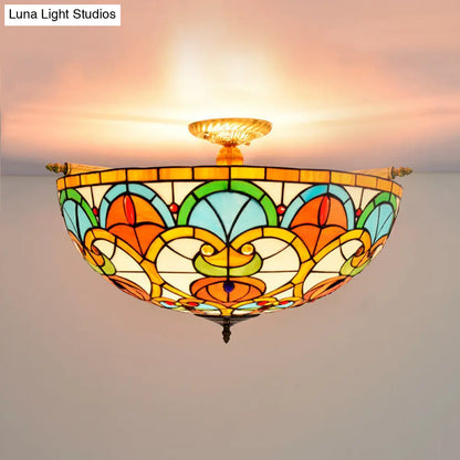 Baroque Brass Jewel Ceiling Lamp - 5 Multicolored Stained Glass Bulbs (21.5"/25.5") - Semi Flush Mount Lighting