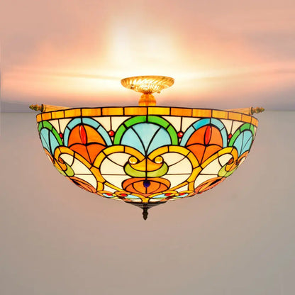 Baroque Brass Jewel Ceiling Lamp - 5 Multicolored Stained Glass Bulbs (21.5"/25.5") - Semi Flush Mount Lighting