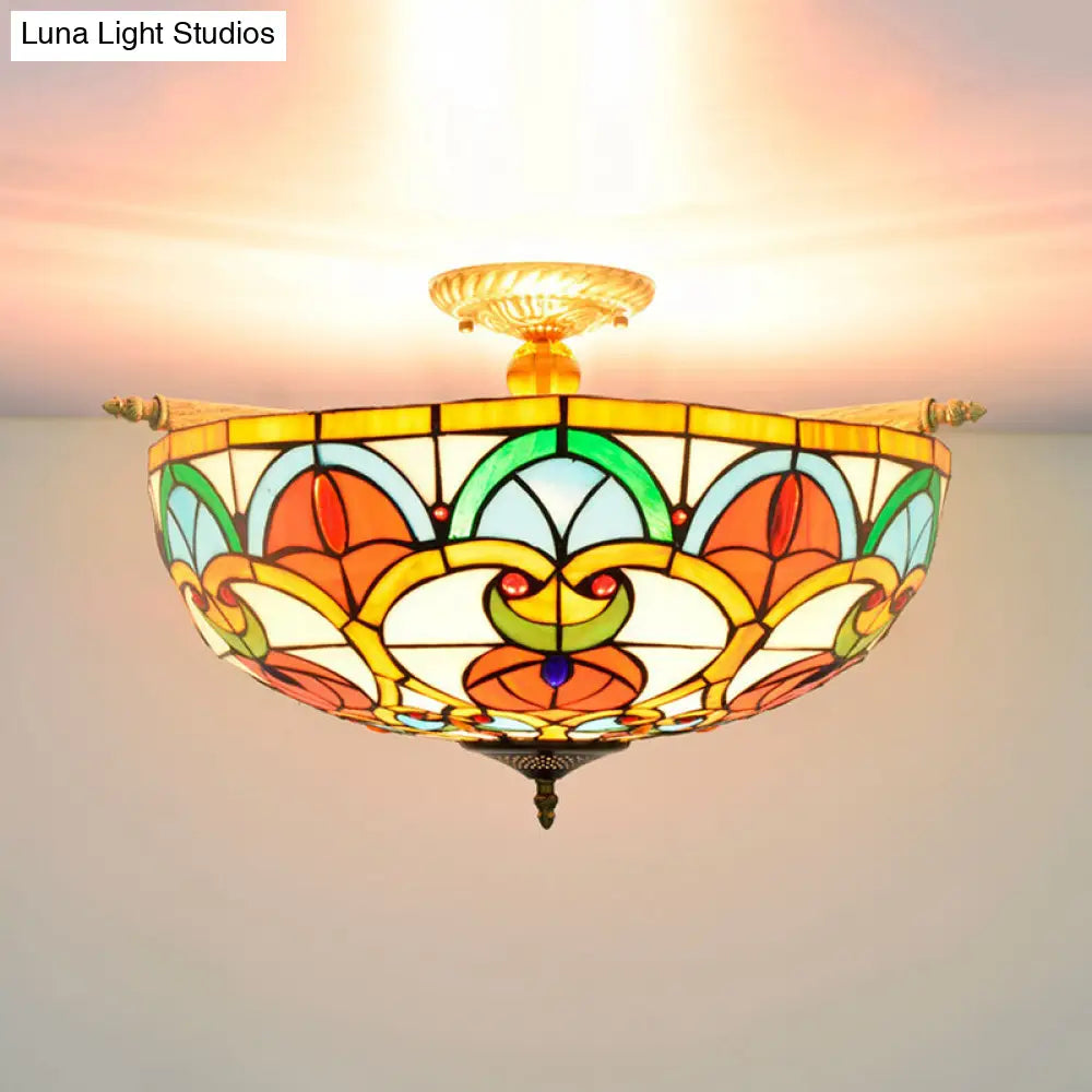 Baroque Brass Jewel Ceiling Lamp - 5 Multicolored Stained Glass Bulbs (21.5"/25.5") - Semi Flush Mount Lighting