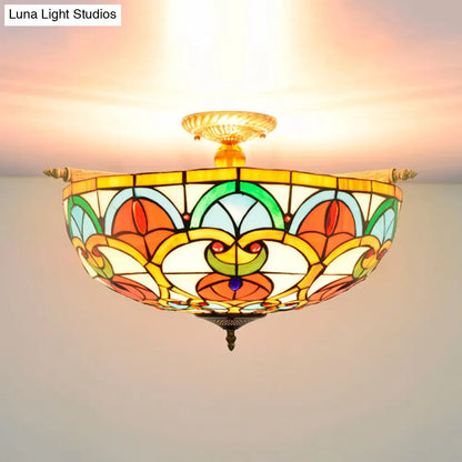 Baroque Brass Jewel Ceiling Lamp - 5 Multicolored Stained Glass Bulbs (21.5"/25.5") - Semi Flush Mount Lighting