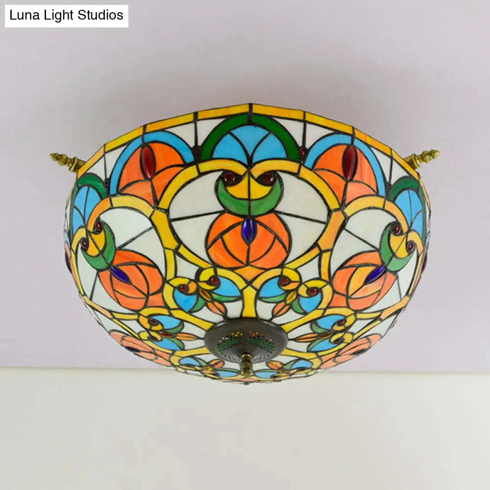 Baroque Brass Jewel Ceiling Lamp - 5 Multicolored Stained Glass Bulbs (21.5"/25.5") - Semi Flush Mount Lighting