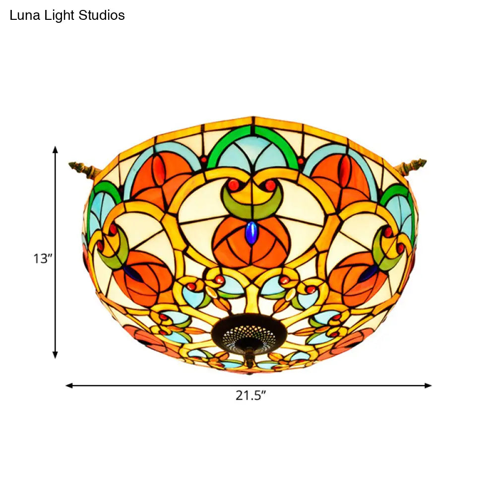 Baroque Brass Jewel Ceiling Lamp - 5 Multicolored Stained Glass Bulbs (21.5"/25.5") - Semi Flush Mount Lighting