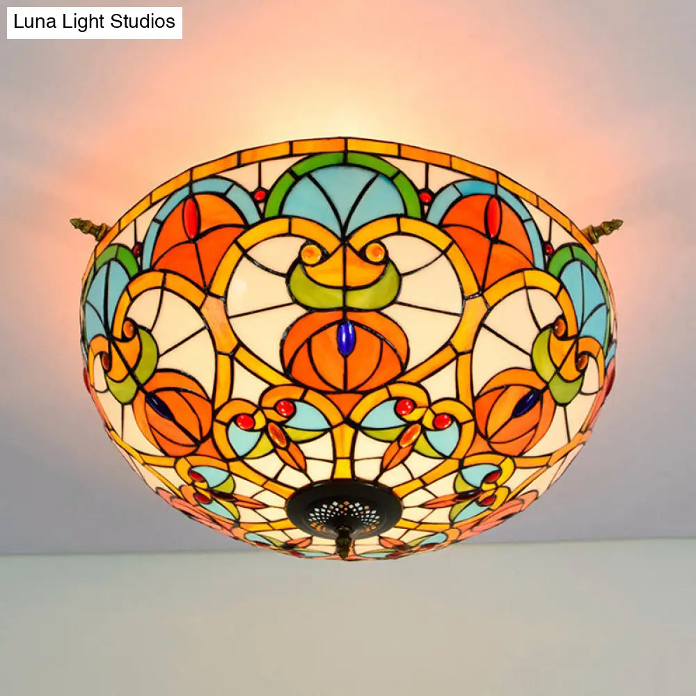 Baroque Brass Jewel Ceiling Lamp - 5 Multicolored Stained Glass Bulbs (21.5"/25.5") - Semi Flush Mount Lighting