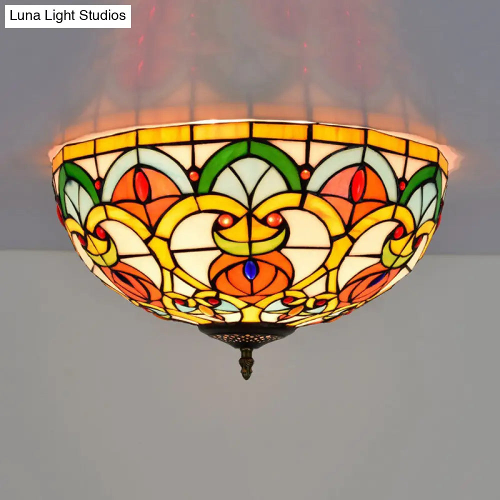 DecorBites™ DecorBites™ Baroque Bronze Stained Glass Dome Ceiling Lamp – 3-Light Flush Mount for Kitchen