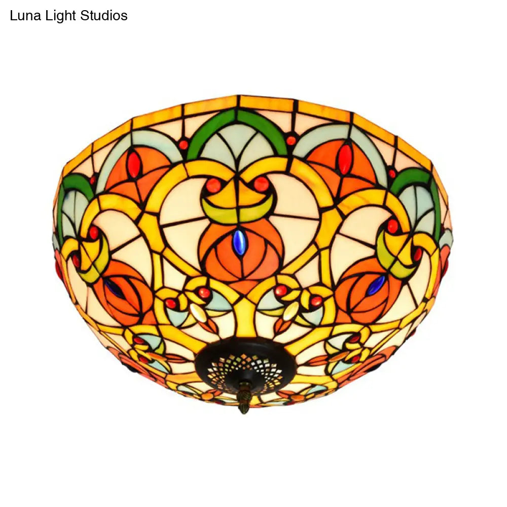 DecorBites™ DecorBites™ Baroque Bronze Stained Glass Dome Ceiling Lamp – 3-Light Flush Mount for Kitchen