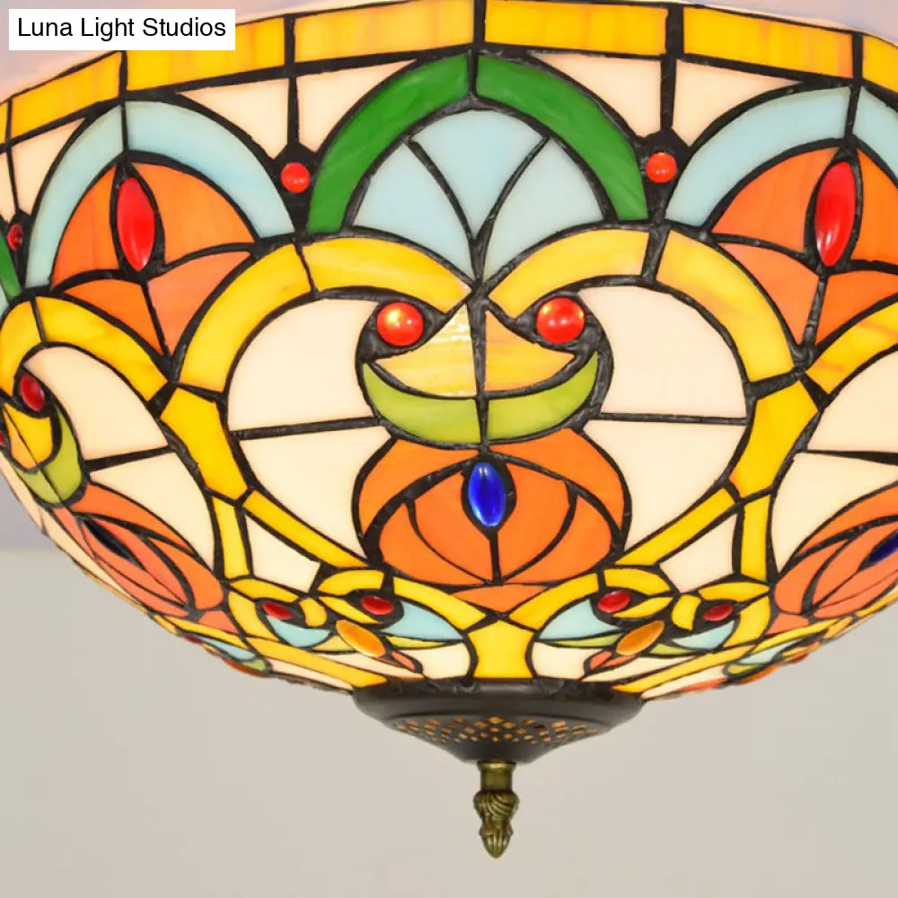 DecorBites™ DecorBites™ Baroque Bronze Stained Glass Dome Ceiling Lamp – 3-Light Flush Mount for Kitchen