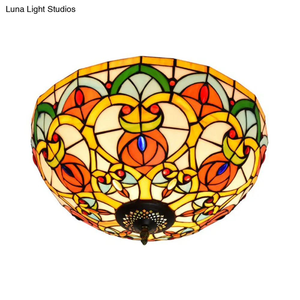 DecorBites™ DecorBites™ Baroque Bronze Stained Glass Dome Ceiling Lamp – 3-Light Flush Mount for Kitchen