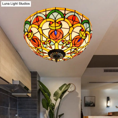 DecorBites™ DecorBites™ Baroque Bronze Stained Glass Dome Ceiling Lamp – 3-Light Flush Mount for Kitchen