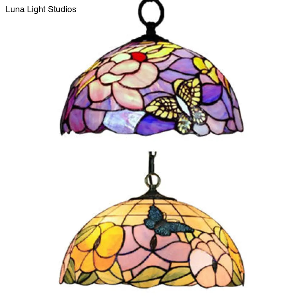 Baroque Butterfly Suspension Lamp - 1-Head Yellow/Purple Stained Glass Ceiling Light - 12"/16" Wide