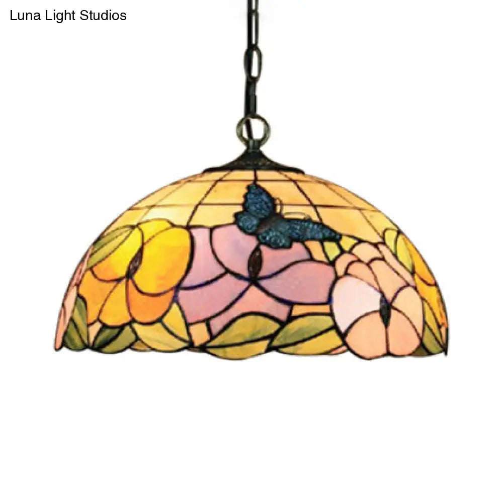 Baroque Butterfly Suspension Lamp - 1-Head Yellow/Purple Stained Glass Ceiling Light - 12"/16" Wide