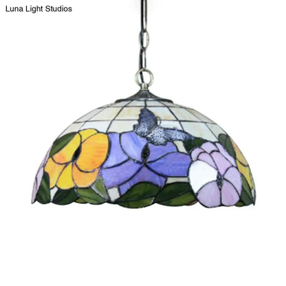 Baroque Butterfly Suspension Lamp - 1-Head Yellow/Purple Stained Glass Ceiling Light - 12"/16" Wide