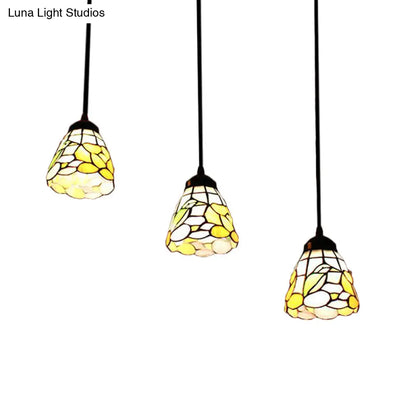 Baroque Cone Pendant Light Kit - Beige Stained Glass - 3 Heads - Living Room Hanging Light