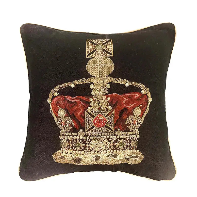 Black velvet pillow cover with ornate embroidered baroque crown in red velvet and gold details for living room decorbites baroque crown jacquard