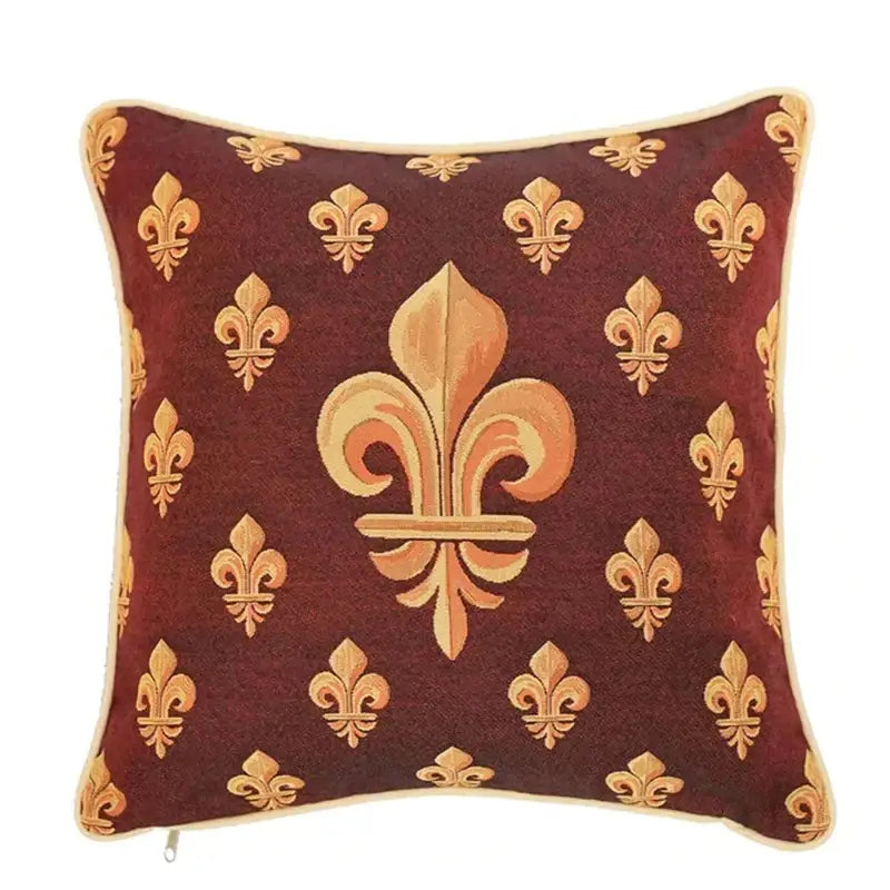 Square burgundy velvet pillow cover with gold embroidered fleur-de-lis decorbites baroque crown jacquard pattern