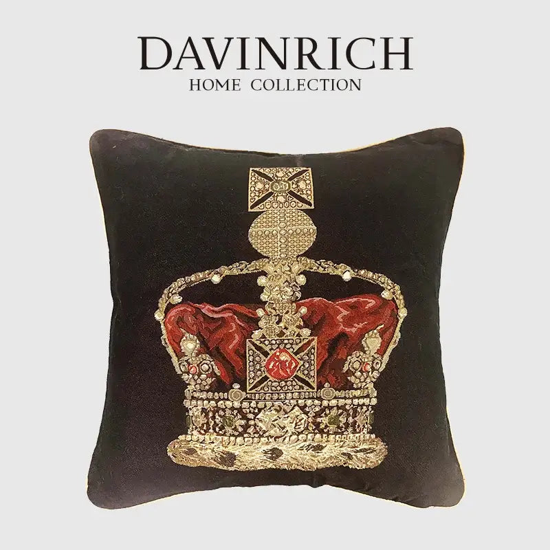 Black velvet pillow cover with intricately embroidered gold baroque crown and red velvet lining for decorbites baroque crown decor