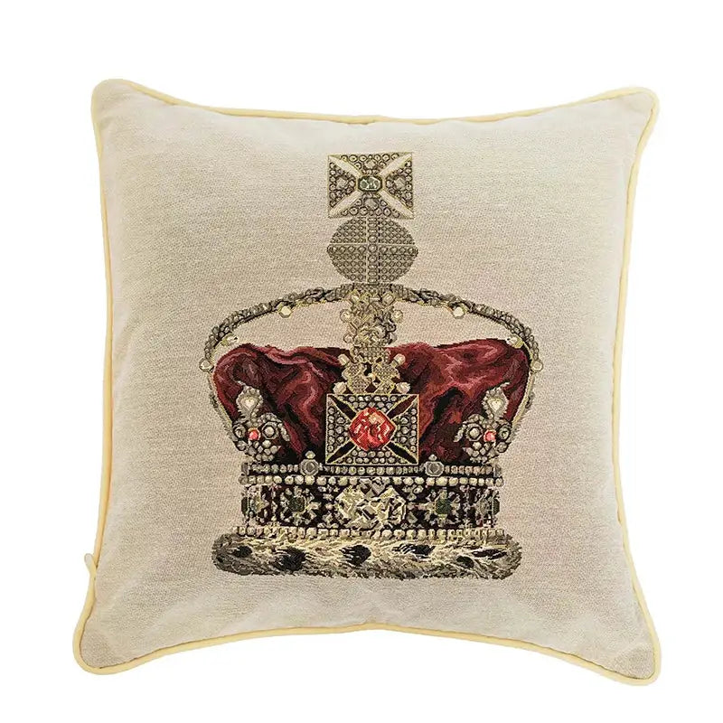 Beige velvet pillow cover featuring an embroidered baroque crown with red velvet accents and gemstone details decorbites baroque crown