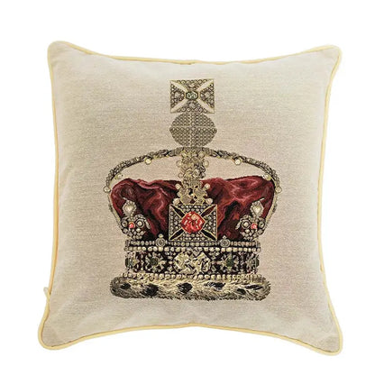 Beige velvet pillow cover with an embroidered baroque crown in red velvet and gemstone accents for elegant decorbites baroque crown decor