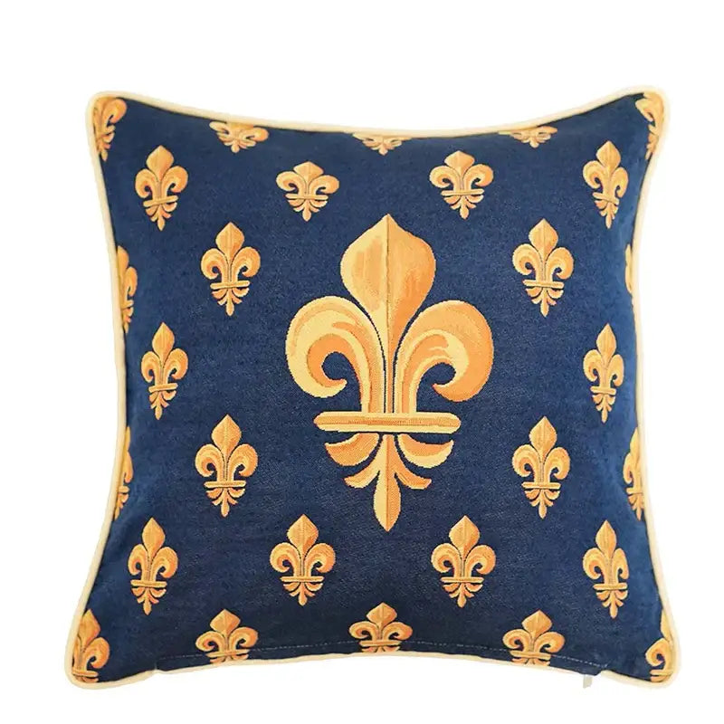 Deep blue pillow cover with gold embroidered fleur-de-lis and cream piping trim for decorbites baroque crown decor