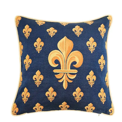 Deep blue pillow cover with gold embroidered fleur-de-lis and cream piping trim for decorbites baroque crown jacquard decor
