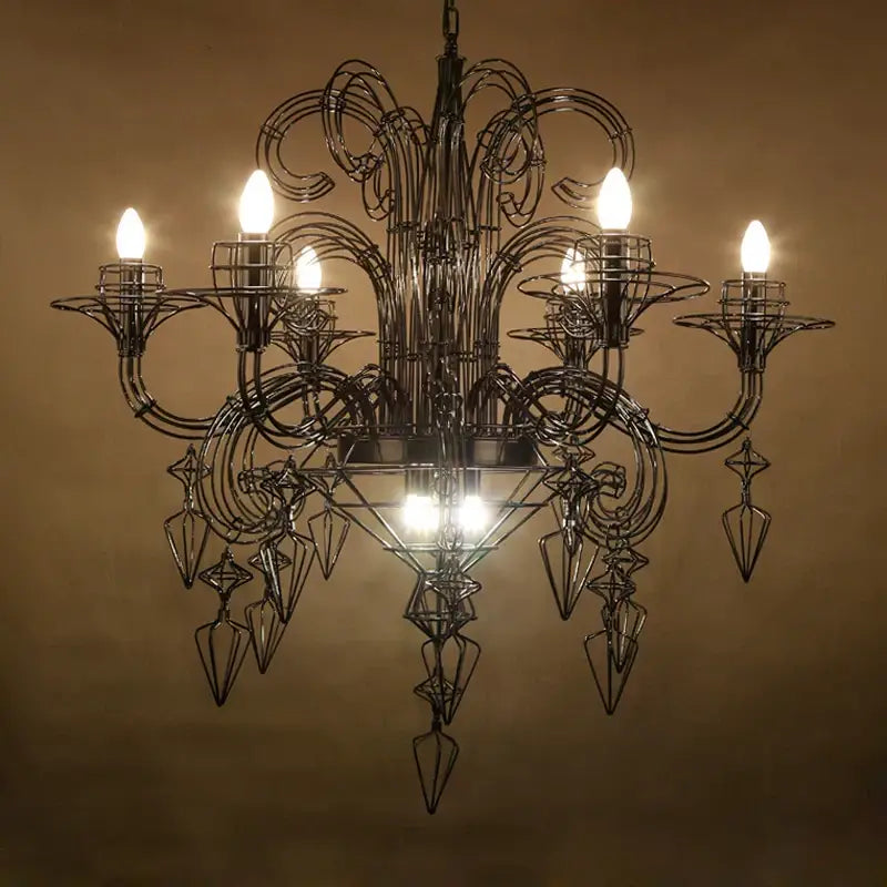 Ornate black wrought iron decorbites baroque designer hanging chandelier with intricate arms and geometric crystal pendants