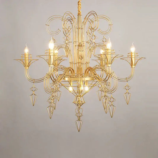 Gold-toned metal baroque designer led chandelier with intricate geometric floral wirework for dining room decorbites baroque designer