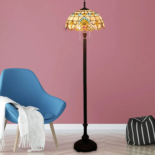 مصباح أرضي زجاجي مقصوص يدويًا على شكل قبة باروكية مع سلسلة سحب - لمبتان، أسود