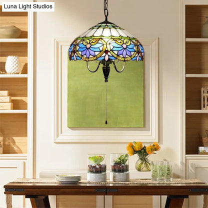 Baroque Domed Ceiling Lamp: Antique Brass Stained Glass Pendant Light with Adjustable Chain - 3 Heads