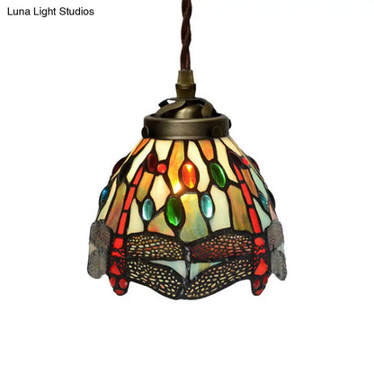 Baroque Dragonfly/Flower Stained Glass Pendant Light for Kitchen