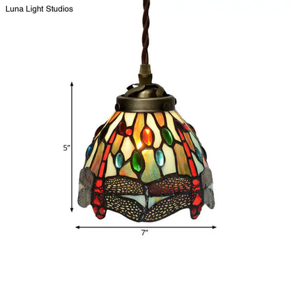 Baroque Dragonfly/Flower Stained Glass Pendant Light for Kitchen