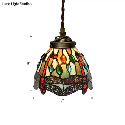 Baroque Dragonfly/Flower Stained Glass Pendant Light for Kitchen