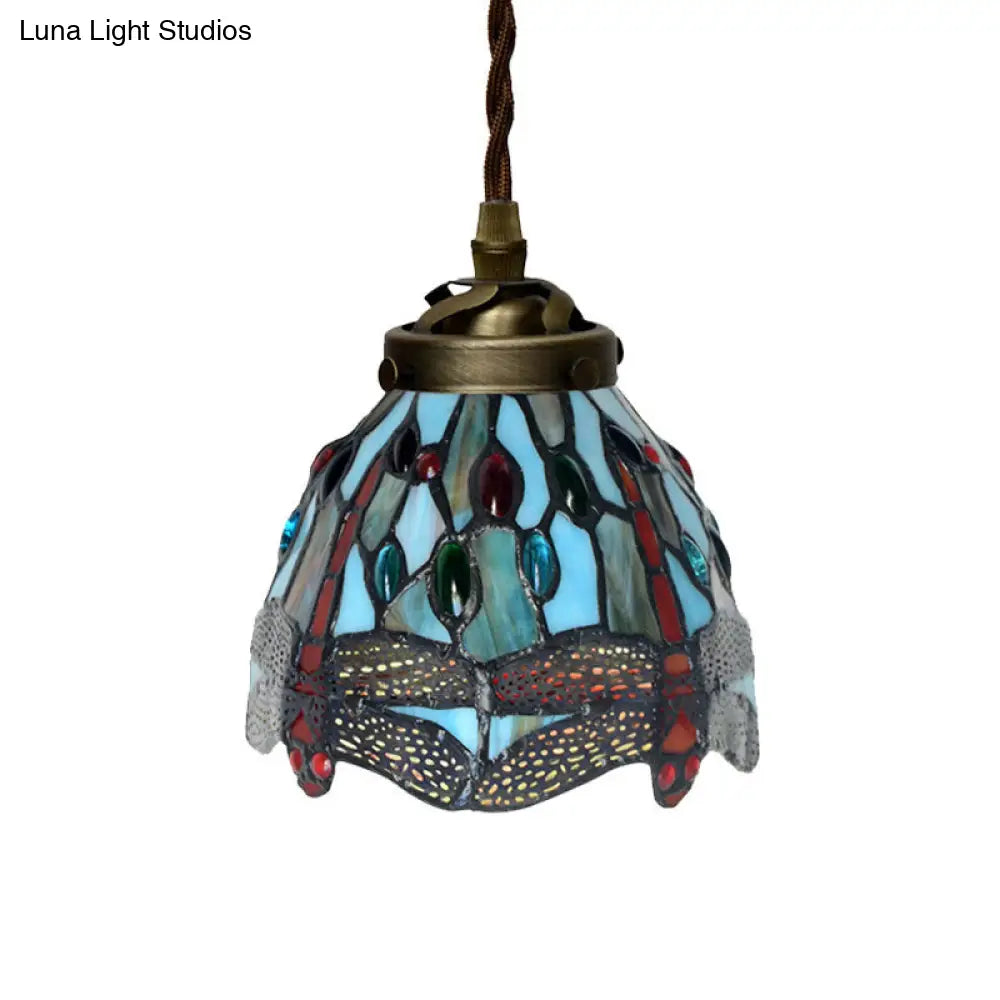 Baroque Dragonfly/Flower Stained Glass Pendant Light for Kitchen