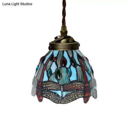 Baroque Dragonfly/Flower Stained Glass Pendant Light for Kitchen