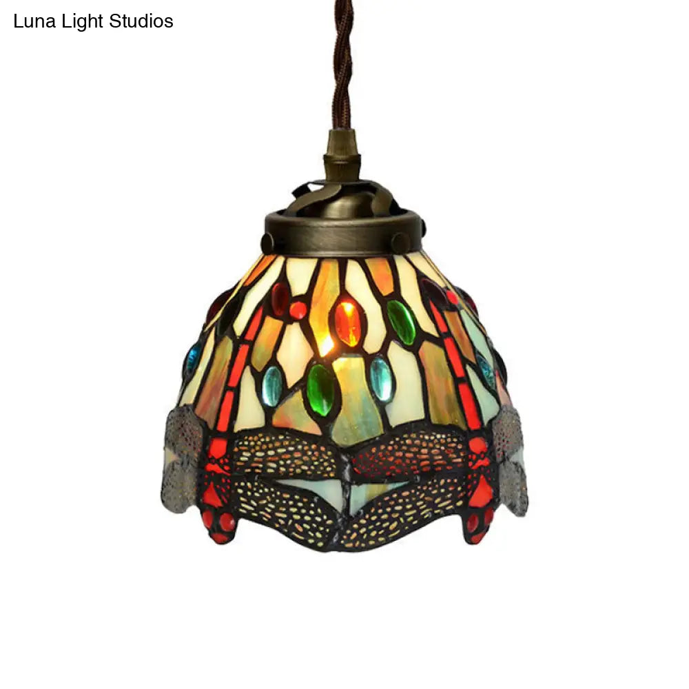 Baroque Dragonfly/Flower Stained Glass Pendant Light for Kitchen