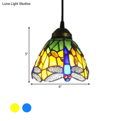 Baroque Dragonfly Stained Glass Pendant Light with 1-Bulb Drop - Bell