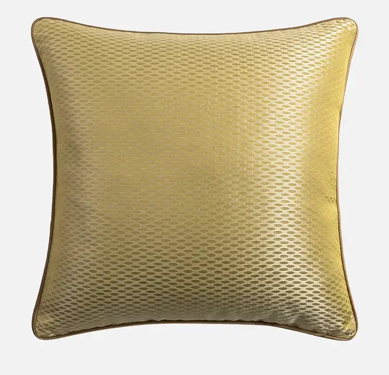 Gold-colored baroque floral olive and gold cushion cover with subtle texture and matching piping for living room decorbites decor