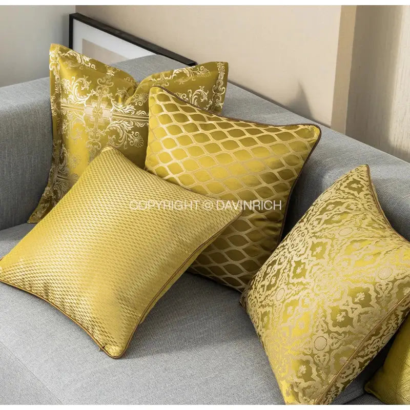 Golden cushion covers with intricate metallic baroque floral geometry and satin finish for decorbites living room decor